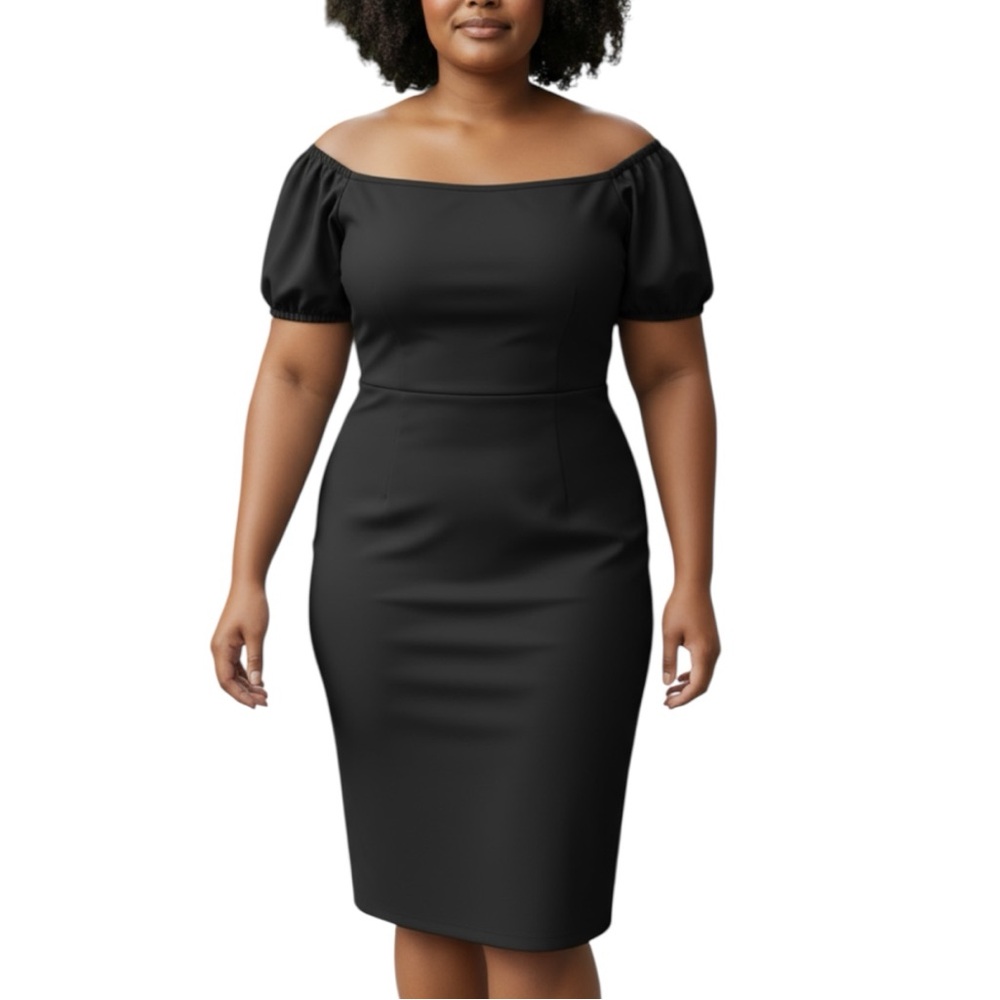 Glamour Bunny Off The Shoulder Pinup Pencil Skirt Dress Sz L Black Retro 1950s